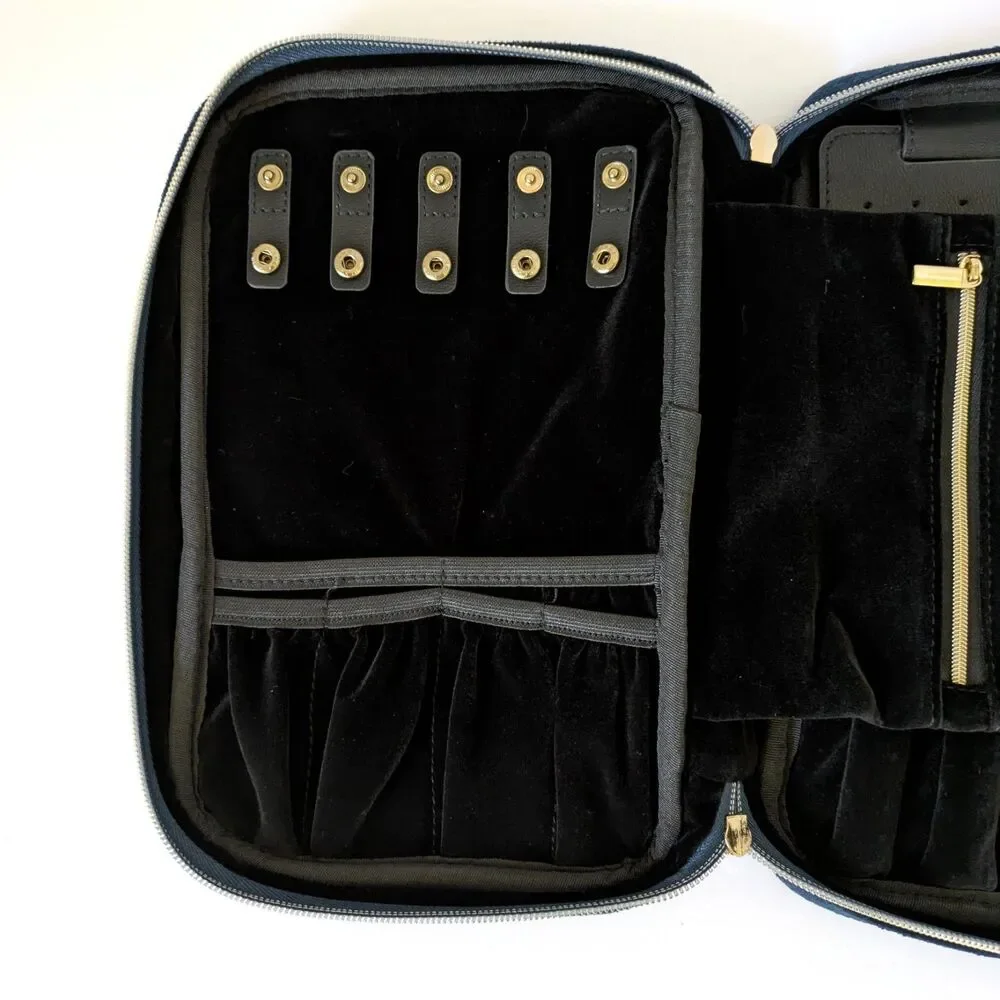 Quilted Navy Blue Travel Jewelry Organizer Case Zip Pouch Padded Storage Bag - Picture 6 of 12